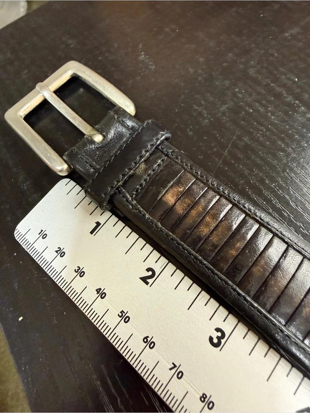 Barneys New York Black Brown Leather Belt Men’s 32 Textured Inlay Silver Buckle